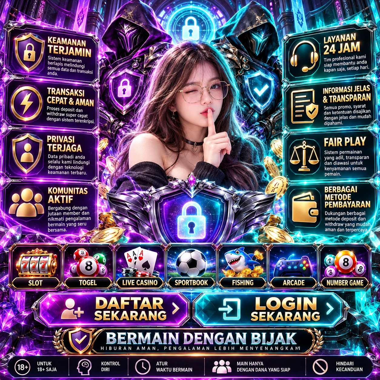 Banner ilustrasi permainan dan keamanan ABADI77 bernuansa neon ungu dan tosca